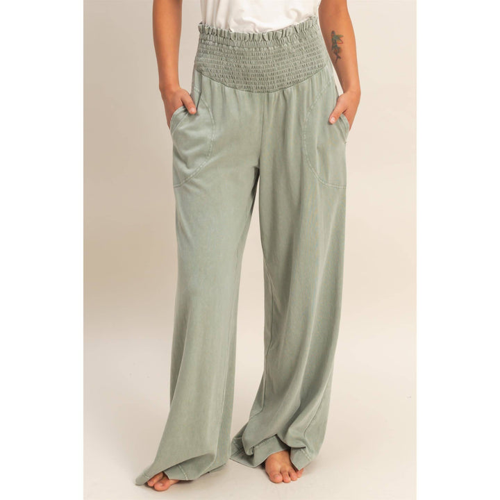 Mineral Washed Wide-Leg Smocked Waist Pants