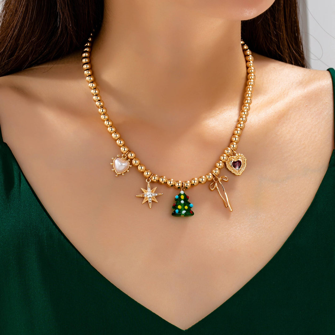 Accessories, Necklaces - Beaded Christmas Tree Holiday Charm Necklace | 80N93330 - GOLD - Cultured Cloths Apparel