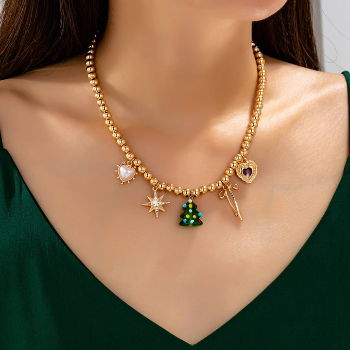 Accessories, Necklaces - Beaded Christmas Tree Holiday Charm Necklace | 80N93330 - GOLD - Cultured Cloths Apparel