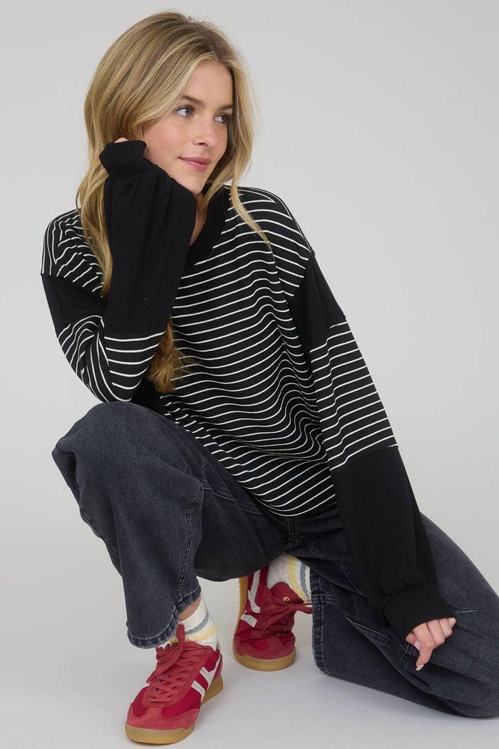 Women's Long Sleeve - CONTRAST STRIPE RAW EDGE LONG SLEEVE KNIT TOP - - Cultured Cloths Apparel