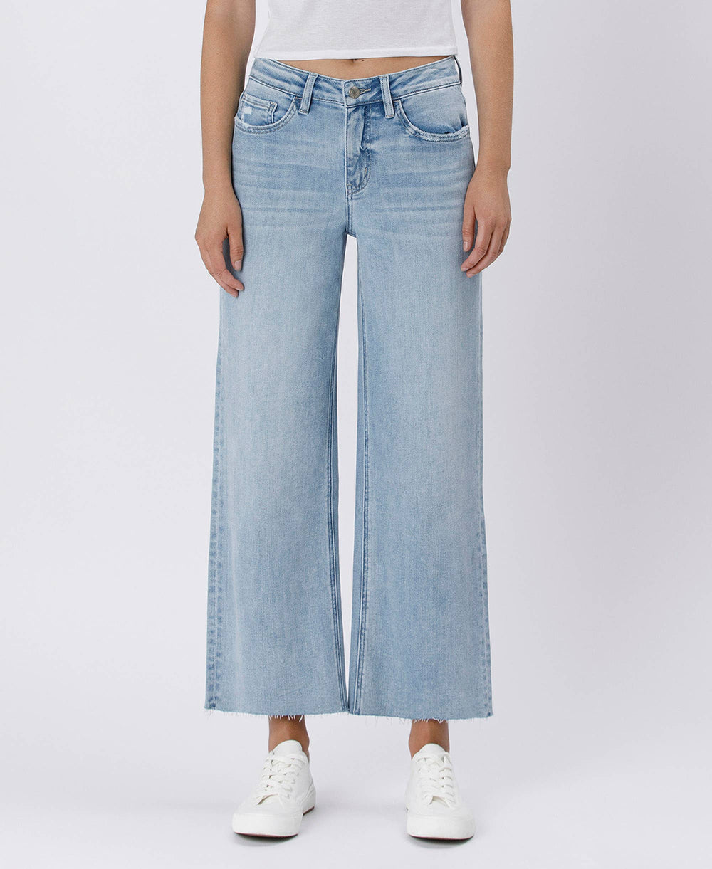 Denim - HIGH RISE LIGHT WASH RAW HEM WIDE LEG JEANS - BEN RINNES - Cultured Cloths Apparel
