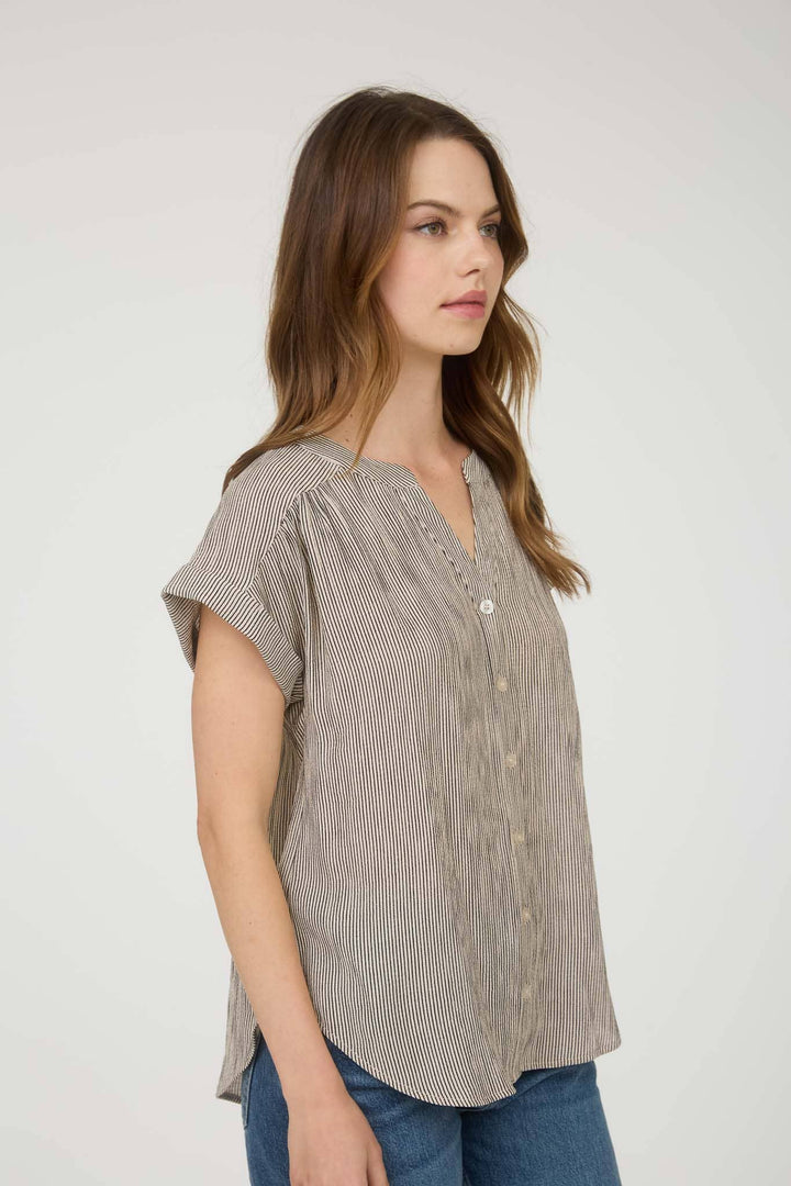 Women's Short Sleeve - PINSTRIPE SHORT CUFF SLEEVE BUTTON DOWN SHIRT - - Cultured Cloths Apparel