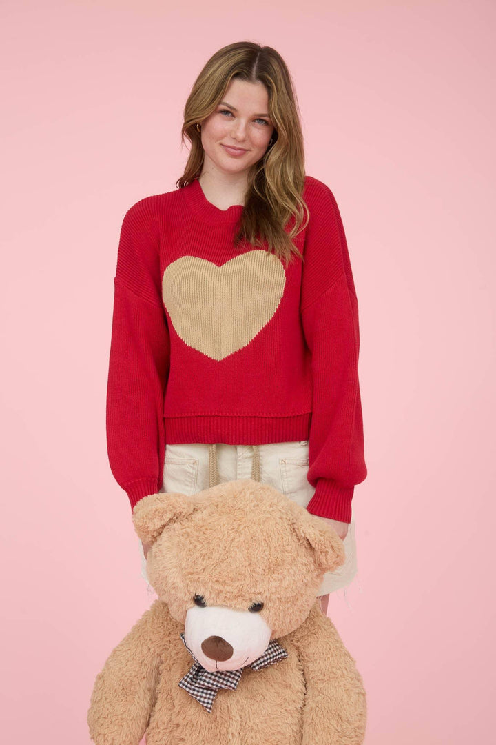 HEART JACQUARD CREW NECK KNIT PULLOVER SWEATER
