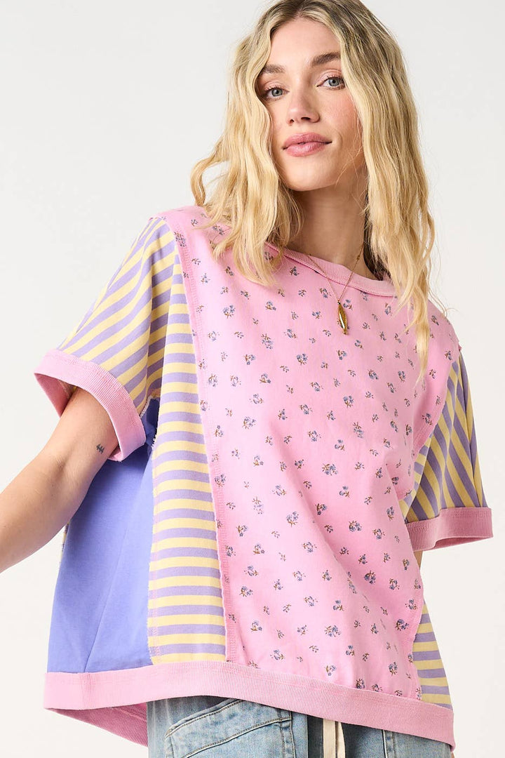 Women's Short Sleeve - PATCHWORK COLOR BLOCK SHORT SLEEVE TOP - - Cultured Cloths Apparel