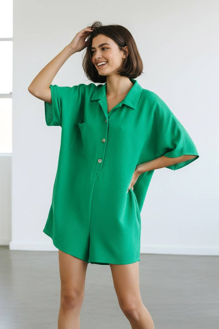 Airflow Collared Oversize Woven Solid Romper