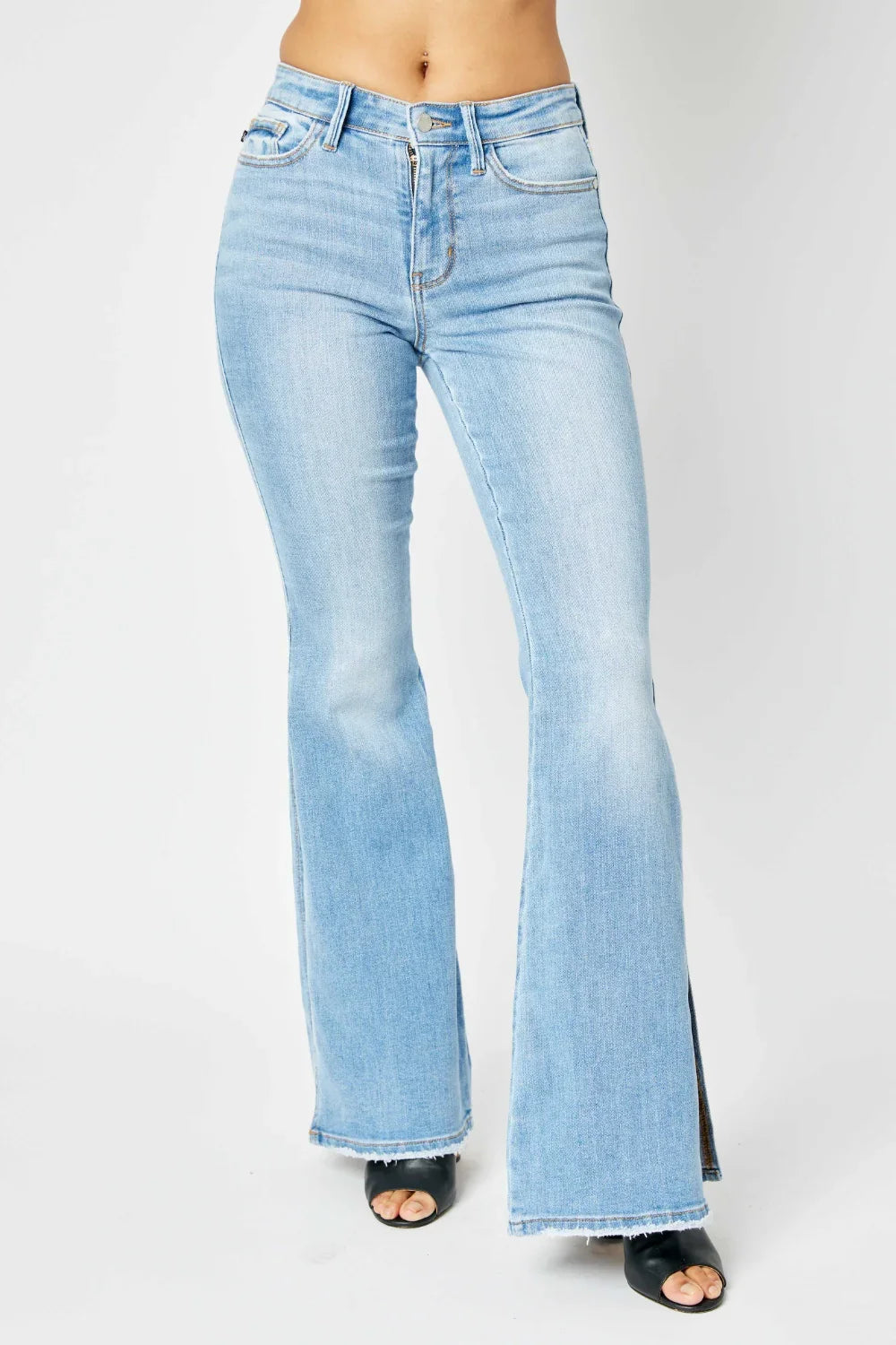 Denim - Judy Blue Full Size Mid Rise Raw Hem Slit Flare Jeans - - Cultured Cloths Apparel