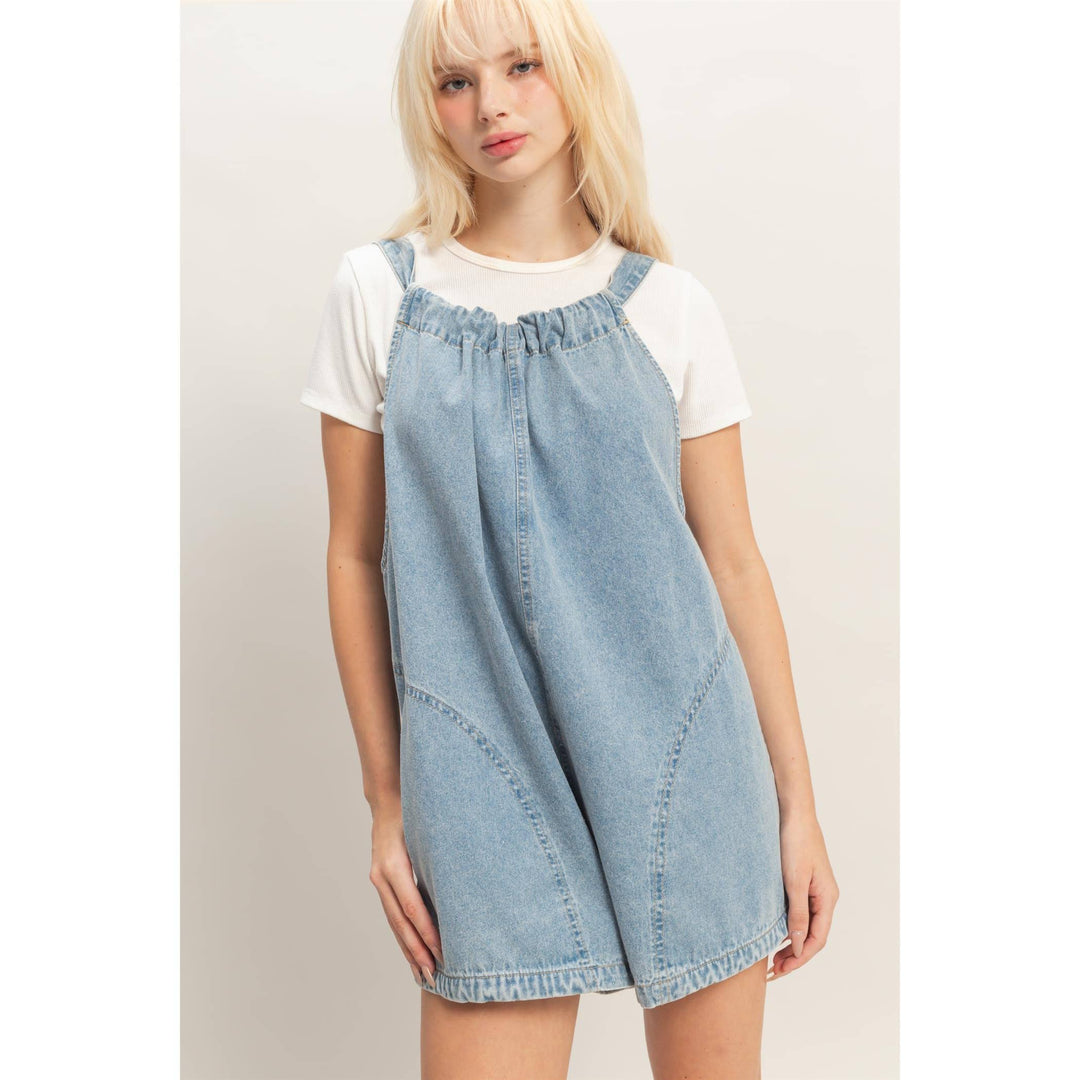 Denim Romper With Gathered Neck