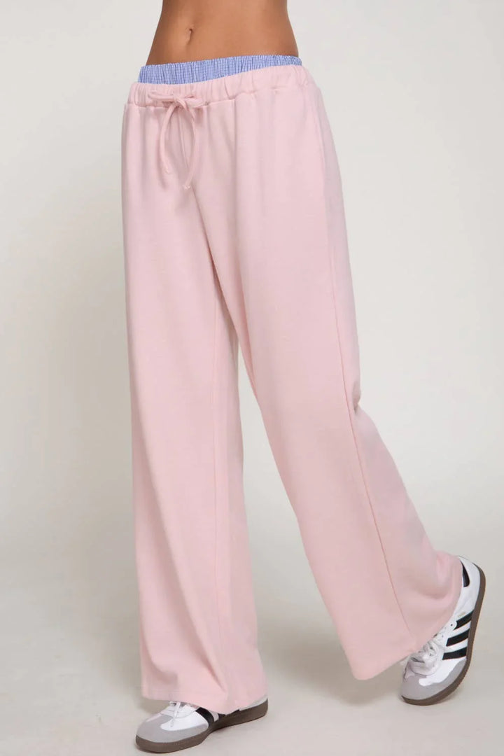 Elastic Waist Long Pants with Contrasting Check Panel
