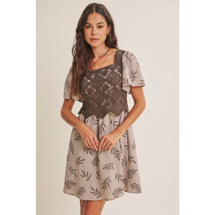 Women's Dresses - ARTISAN CROCHET FERN PRINT SMOCKED BABYDOLL MINI DRESS - - Cultured Cloths Apparel