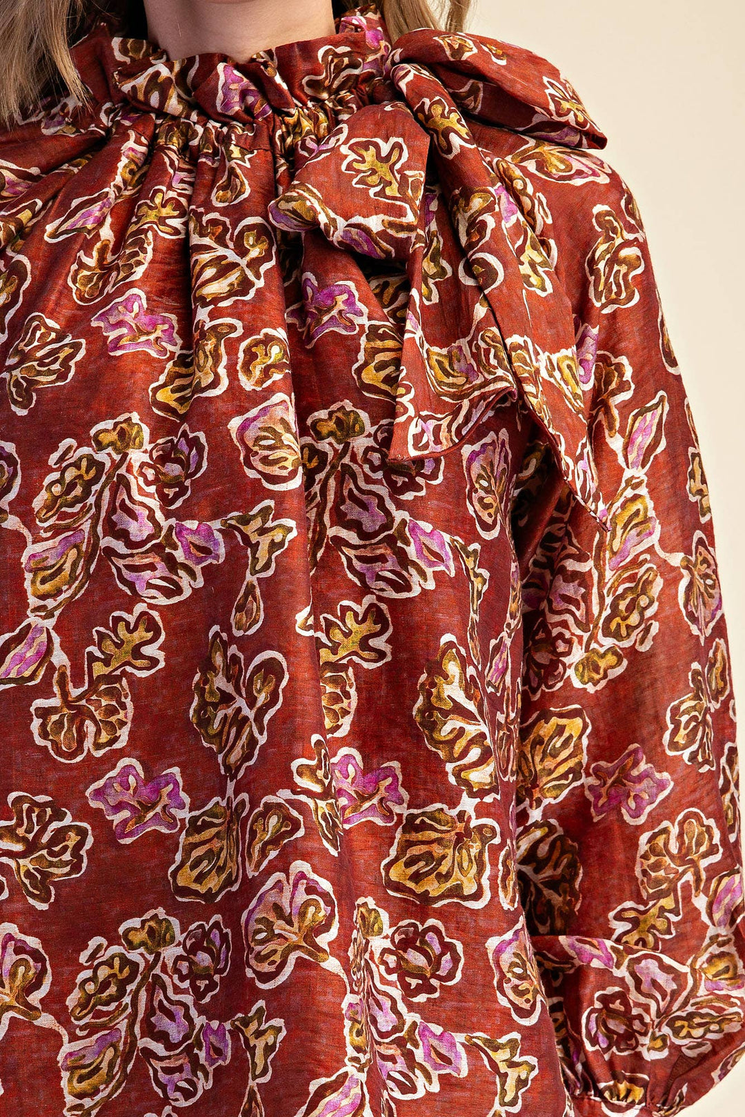 Ruffle Tie Neck Long Sleeve Print Blouse