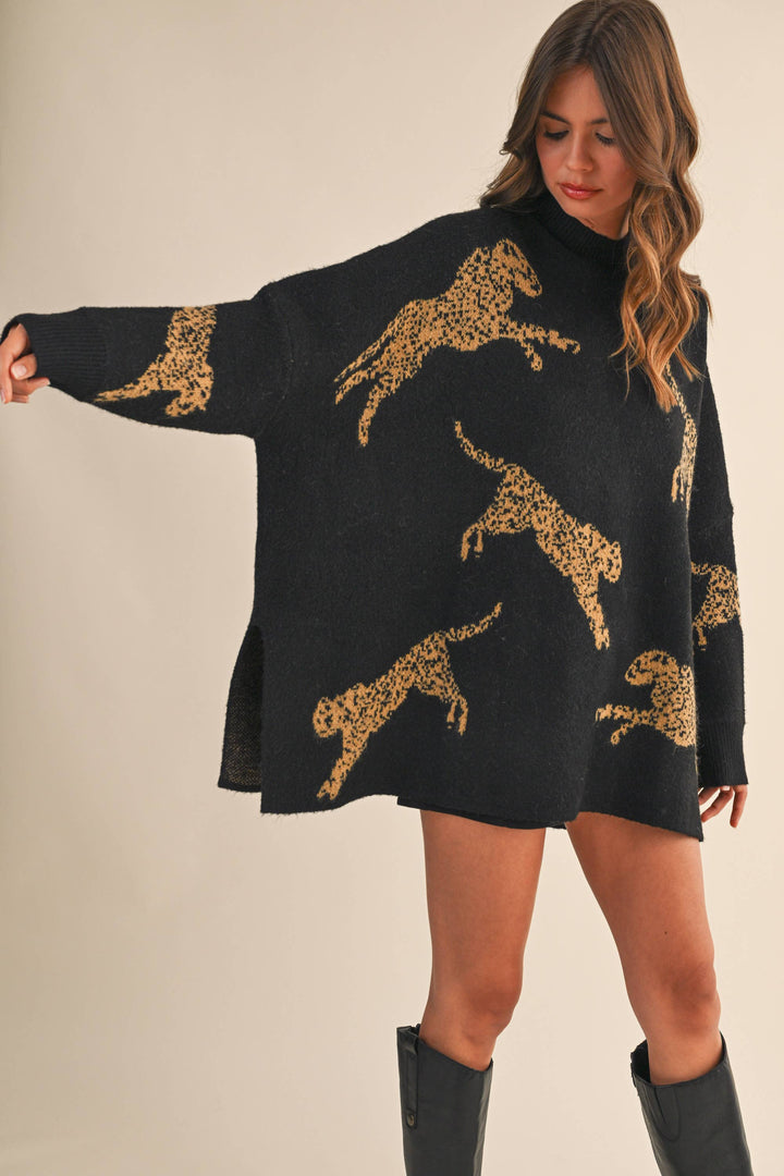CHEETAH PRINT OVERSIZED MOCK NECK SWEATER TOP