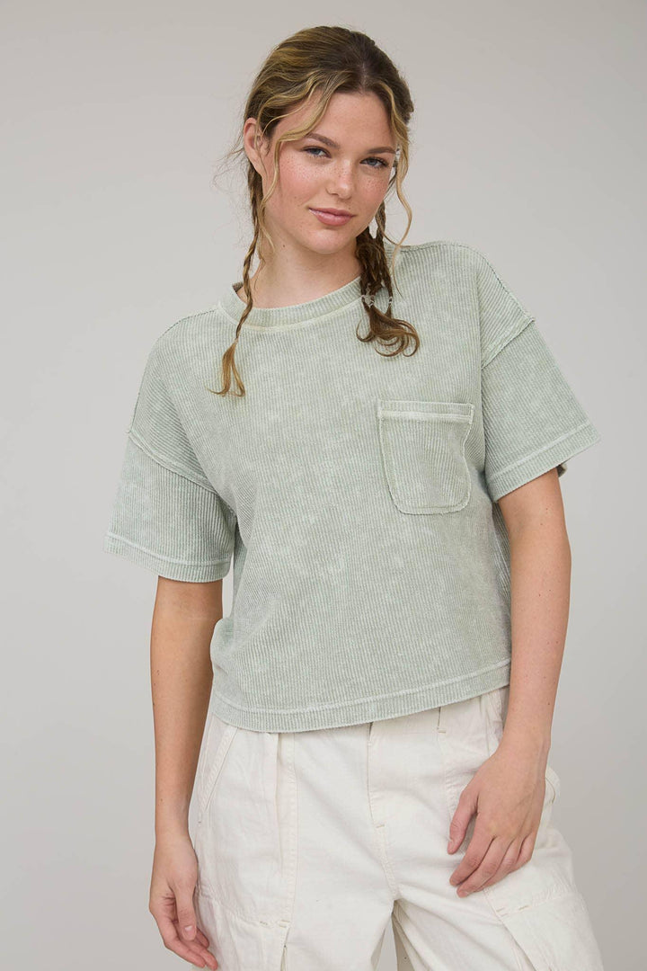 Women's Short Sleeve - WASHED RIBBED SHORT SLEEVE TEE WITH POCKET - - Cultured Cloths Apparel
