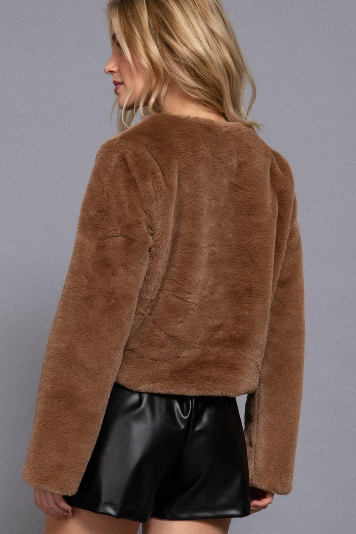 Outerwear - Long Sleeve Round Neck Faux Fur Crop Length Blazer - - Cultured Cloths Apparel