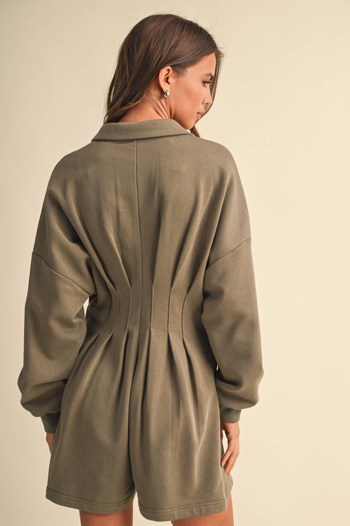 PLEATED WAIST LONG SLEEVE SHIRT COLLAR ROMPER