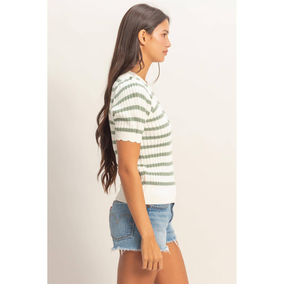 Striped Scallop Edge Puff Sleeve Knit Top