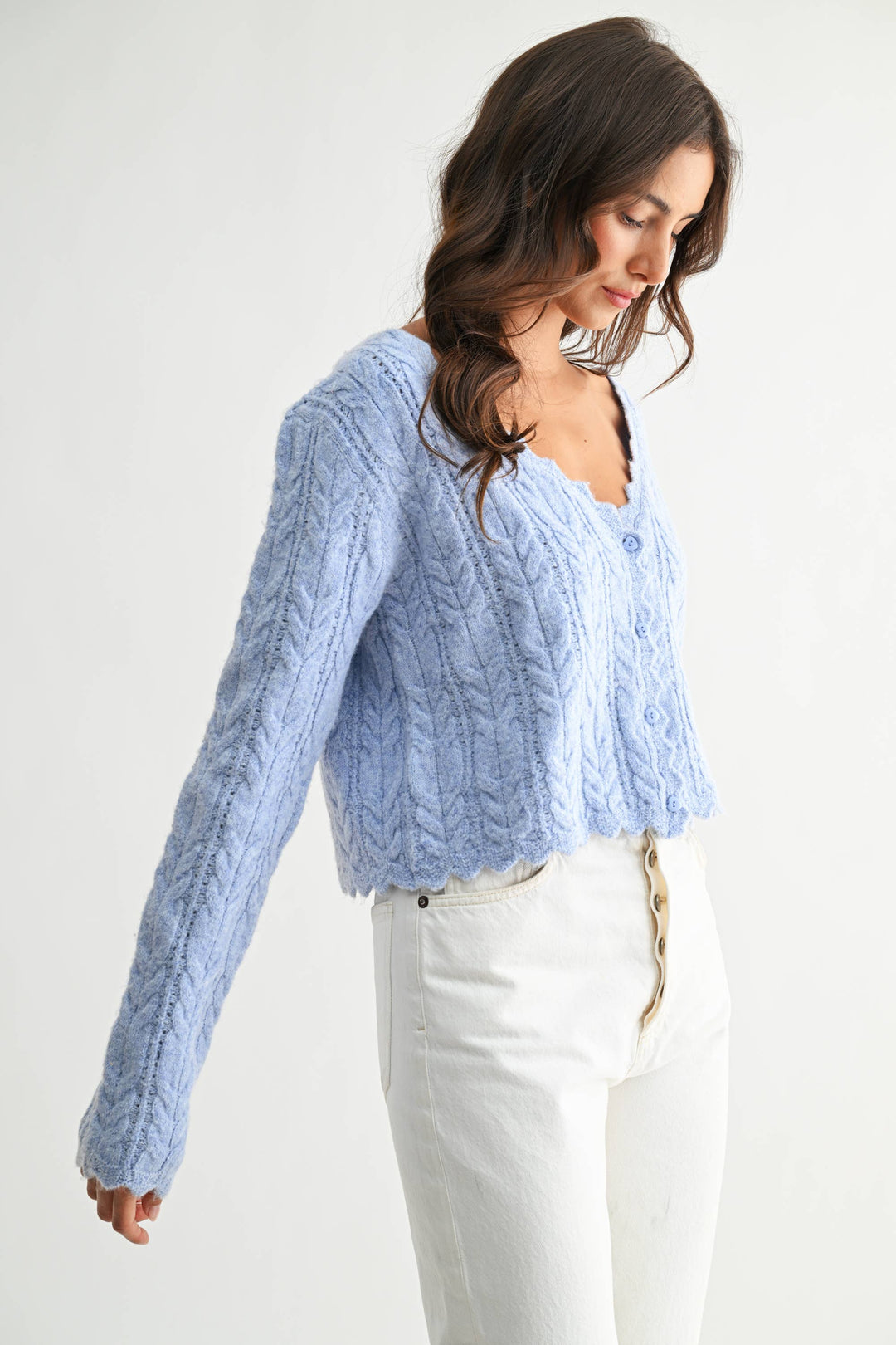 Women's Sweaters - Scallop Hem Cable Knit Cardigan - - Cultured Cloths Apparel