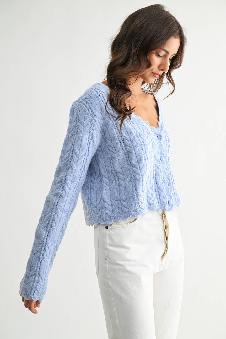 Women's Sweaters - Scallop Hem Cable Knit Cardigan - - Cultured Cloths Apparel