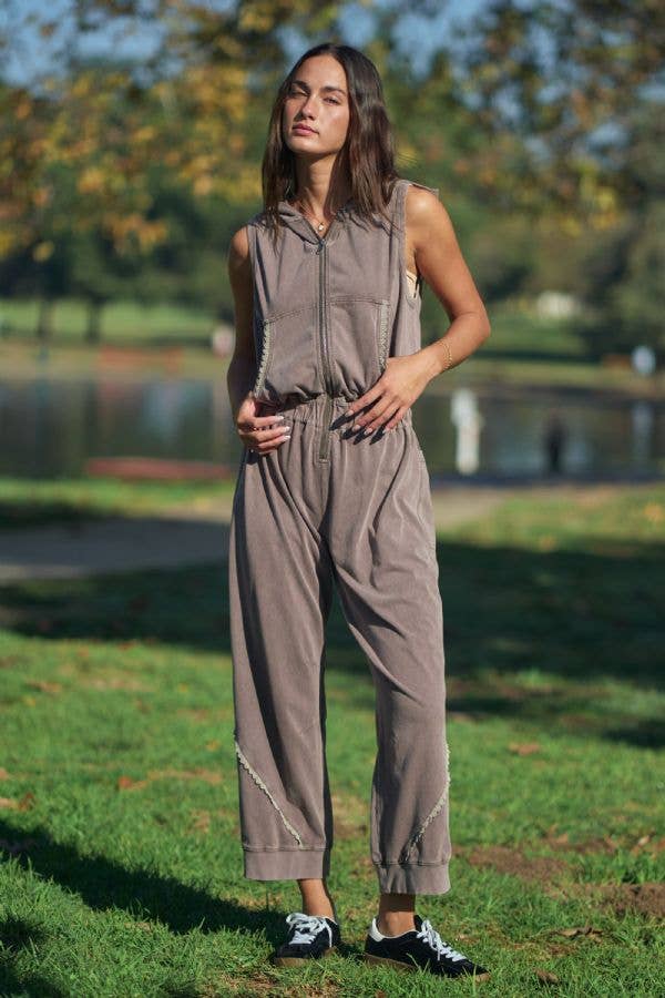 Washed Lace Trim Sleeveless Hooded Jumpsuit