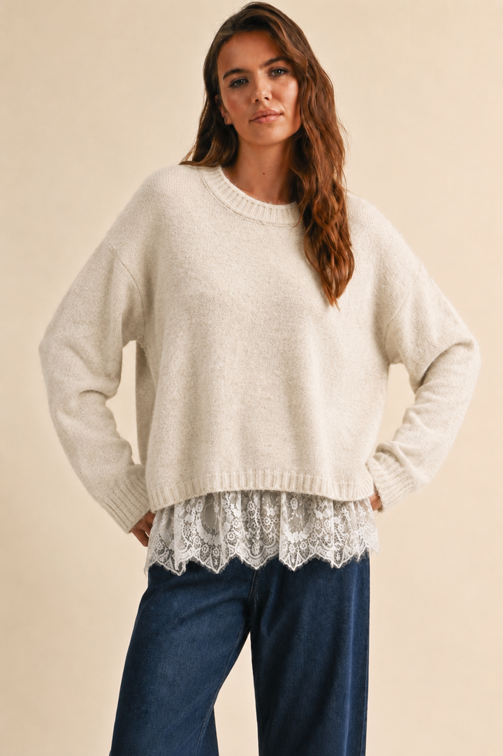 CREW NECK MESH EYELET LACE HEM PULLOVER SWEATER
