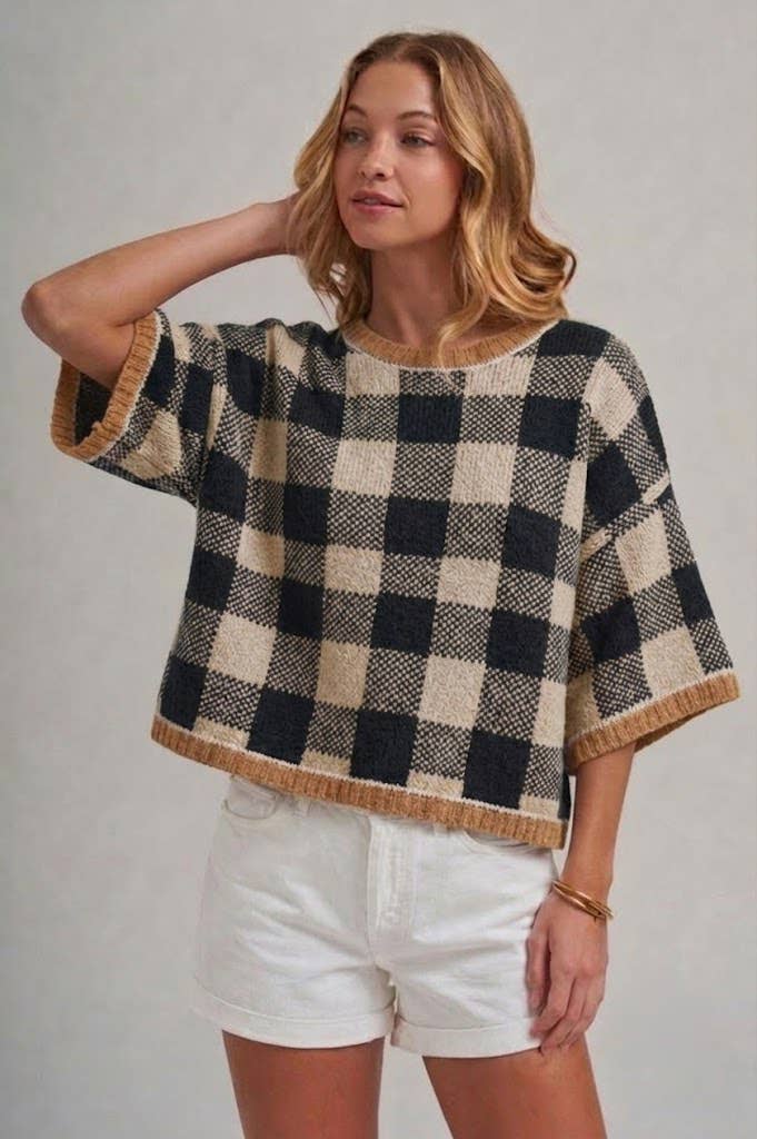 FALL CHECKERED GINGHAM DROP SHOULDER SWEATER TOP