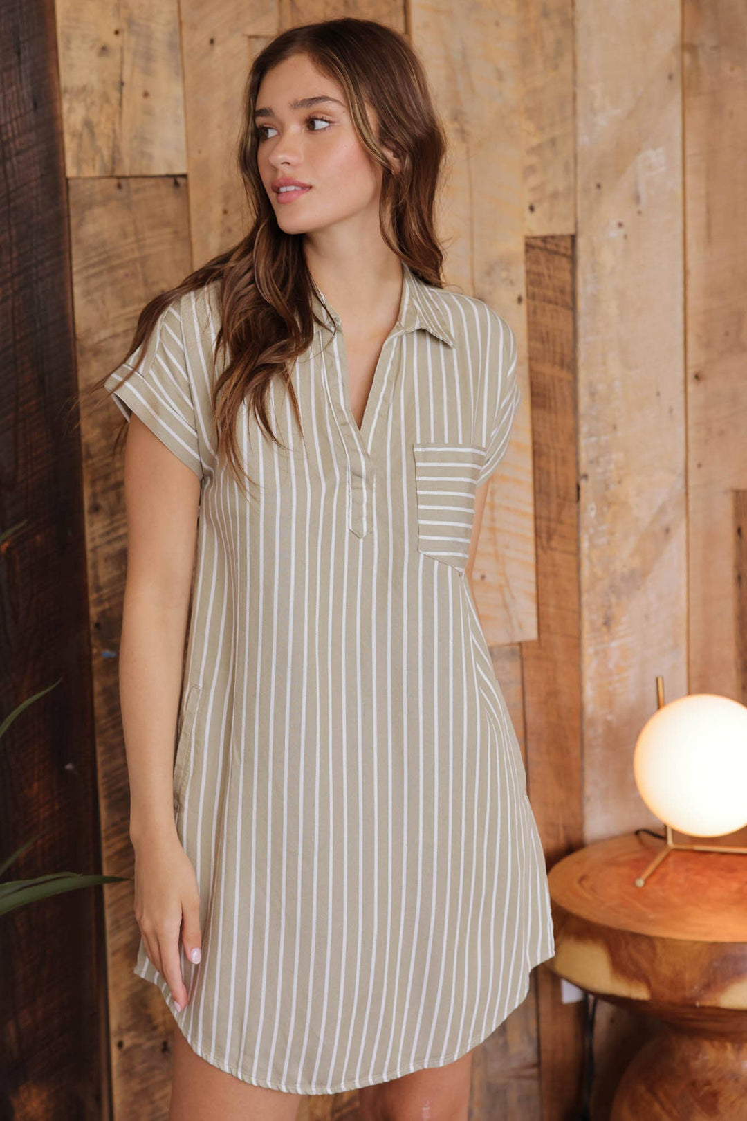 STRIPE COLLARED SHORT SLEEVE MINI SHIRT DRESS
