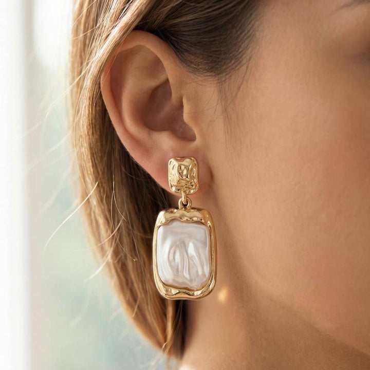 Accessories, Earrings - Metallic And Pearl Rectangle Stud Dangle Earrings - WHITE - Cultured Cloths Apparel