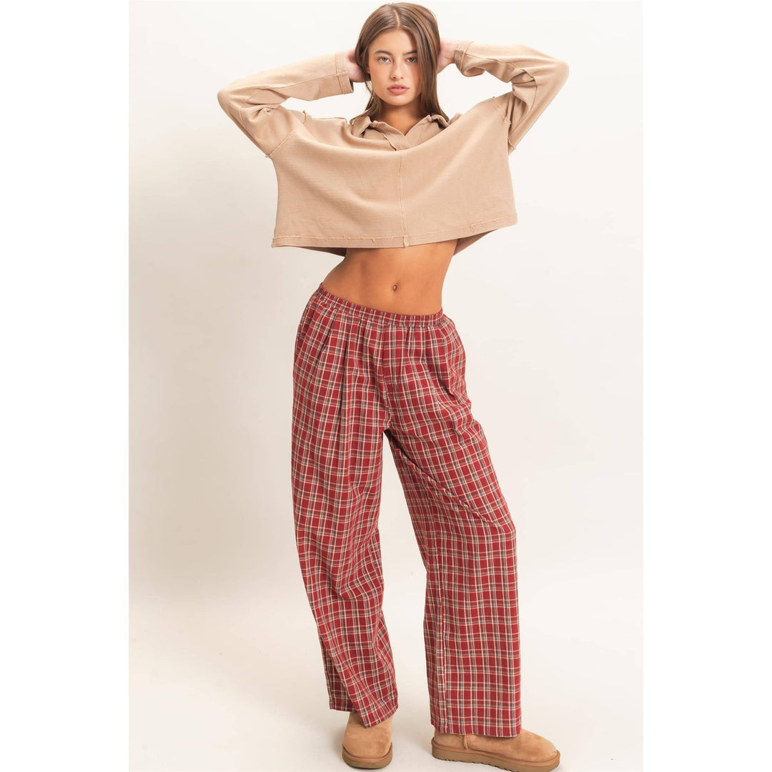 Elastic Waist Plaid Pants