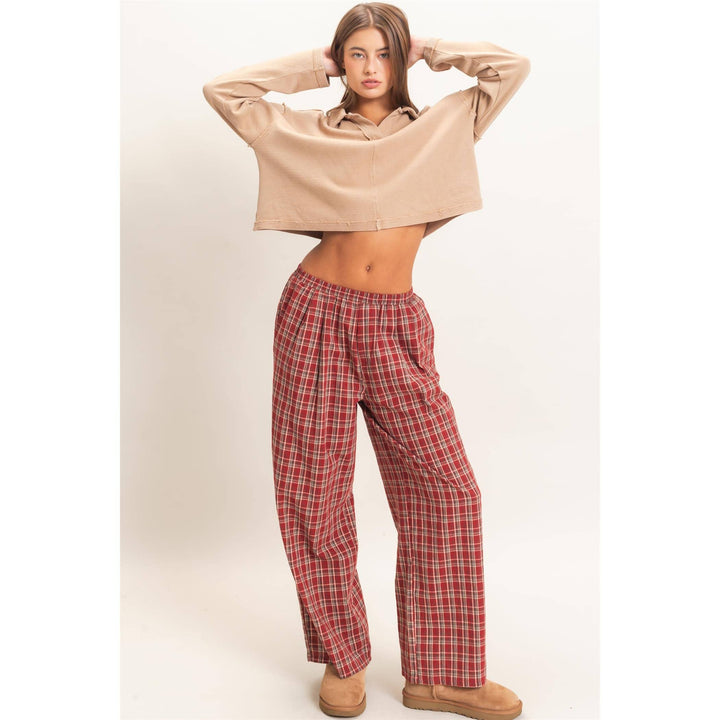 Elastic Waist Plaid Pants
