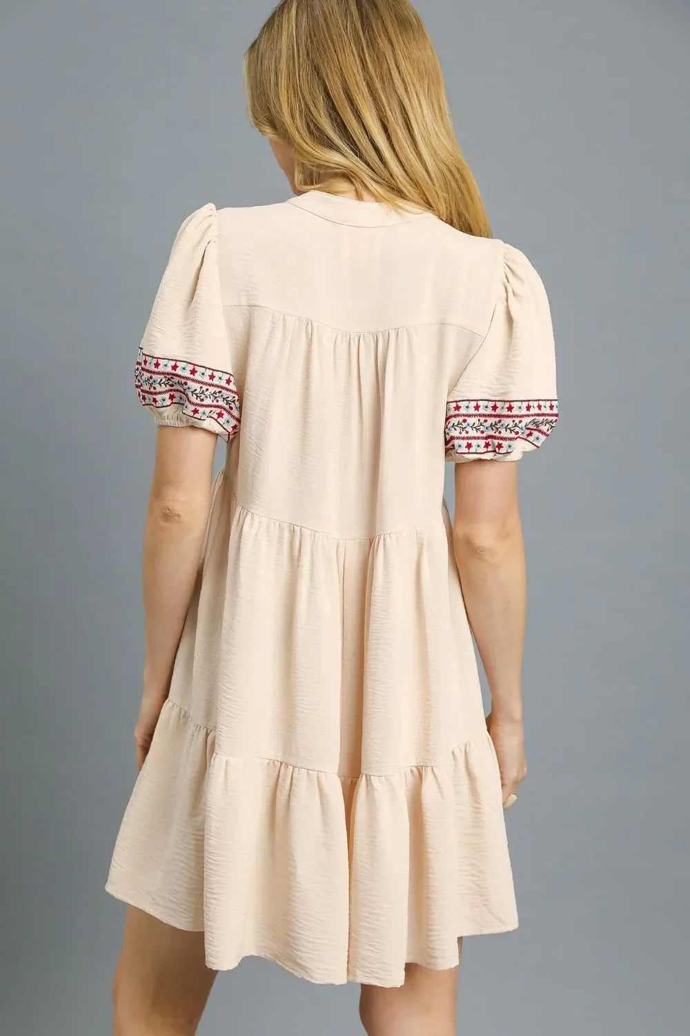 Women's Dresses - Umgee Floral Trim Puff Sleeve Mini Dress - - Cultured Cloths Apparel