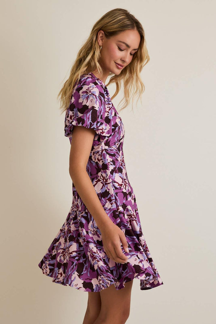 Women's Dresses - V-NECK PUFF SHORT SLEEVE FLARE HEM FLORAL MINI DRESS - - Cultured Cloths Apparel