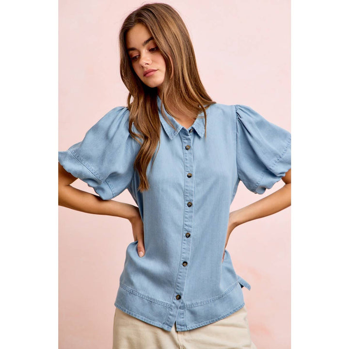 Women's Short Sleeve - PUFF SLEEVES WASHED TENCEL SHIRT TOP - - Cultured Cloths Apparel