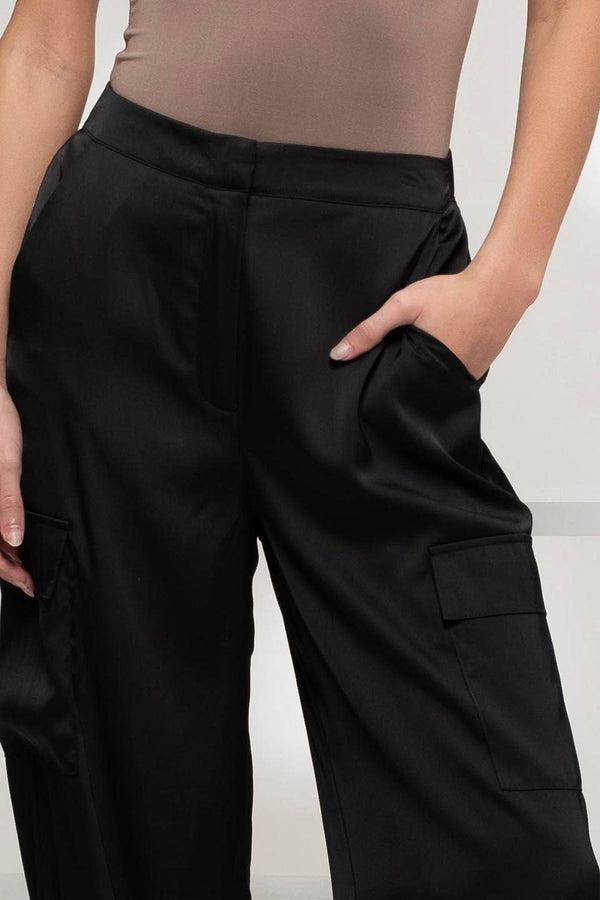 Denim - HIGH WAIST SATIN CARGO JOGGER PANTS - BLACK - Cultured Cloths Apparel