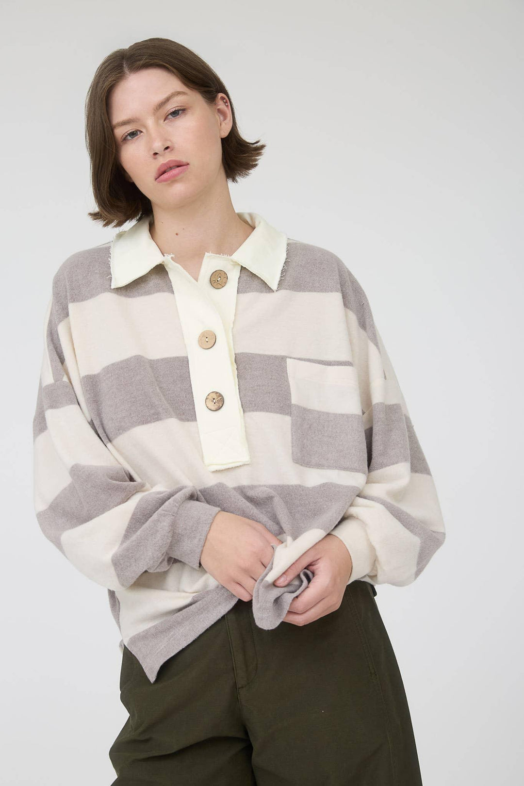 Women's Long Sleeve - WASHED STRIPE CONTRAST COLLAR LONG SLEEVE KNIT TOP - - Cultured Cloths Apparel