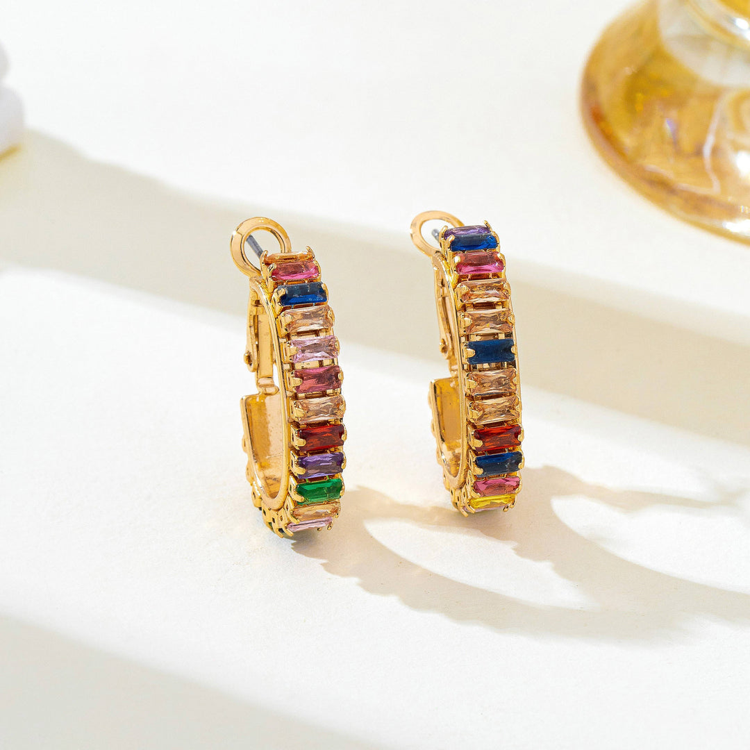 Accessories, Earrings - Multicolor Baguette Crystal Hoop Earrings | 80E62401 - - Cultured Cloths Apparel