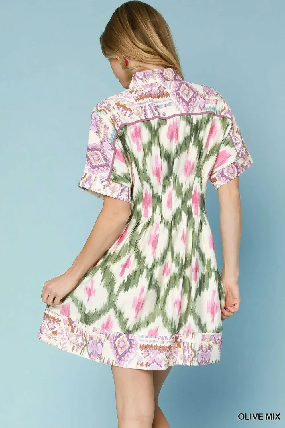 Women's Dresses - Umgee Ethnic Print Short Sleeve Mini Shirt Dress - - Cultured Cloths Apparel