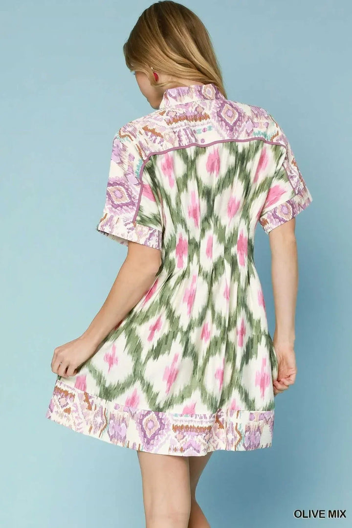 Women's Dresses - Umgee Ethnic Print Short Sleeve Mini Shirt Dress - - Cultured Cloths Apparel