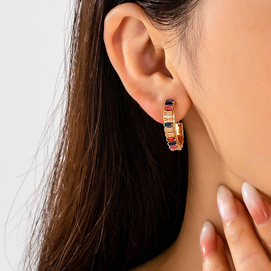 Accessories, Earrings - Multicolor Baguette Crystal Hoop Earrings | 80E62401 - - Cultured Cloths Apparel