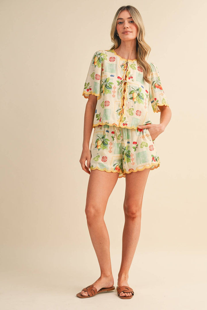 Romper - FRUIT PRINT EMBROIDERED SCALLOP TOP AND SHORTS SET - - Cultured Cloths Apparel