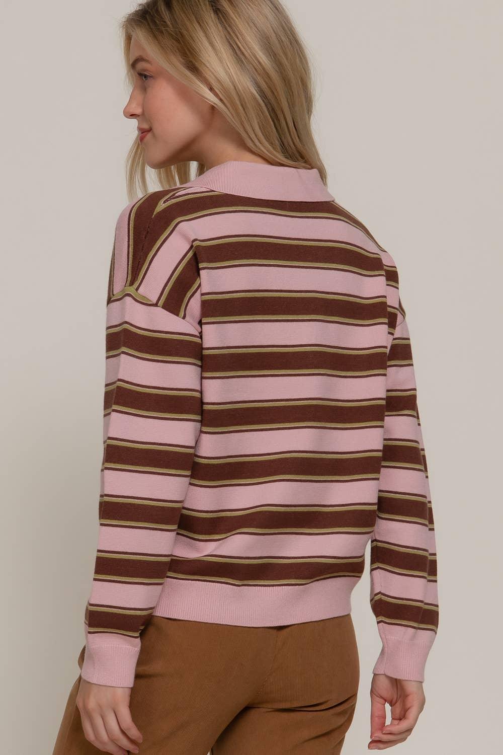 Women's Sweaters - Long Sleeve Multi Stripe Polo Sweater - - Cultured Cloths Apparel