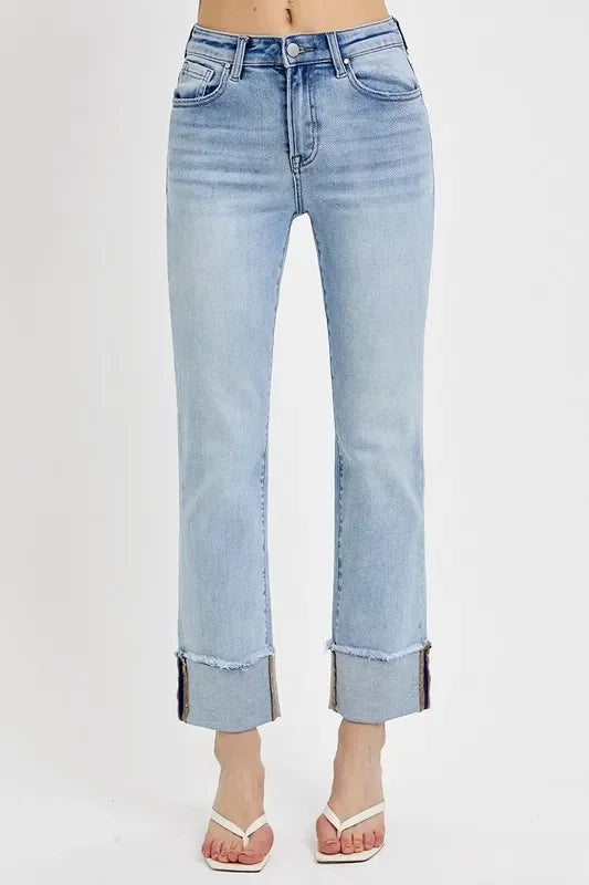Denim - RISEN High Rise Straight Cuffed Relaxed Jeans - Light - Cultured Cloths Apparel