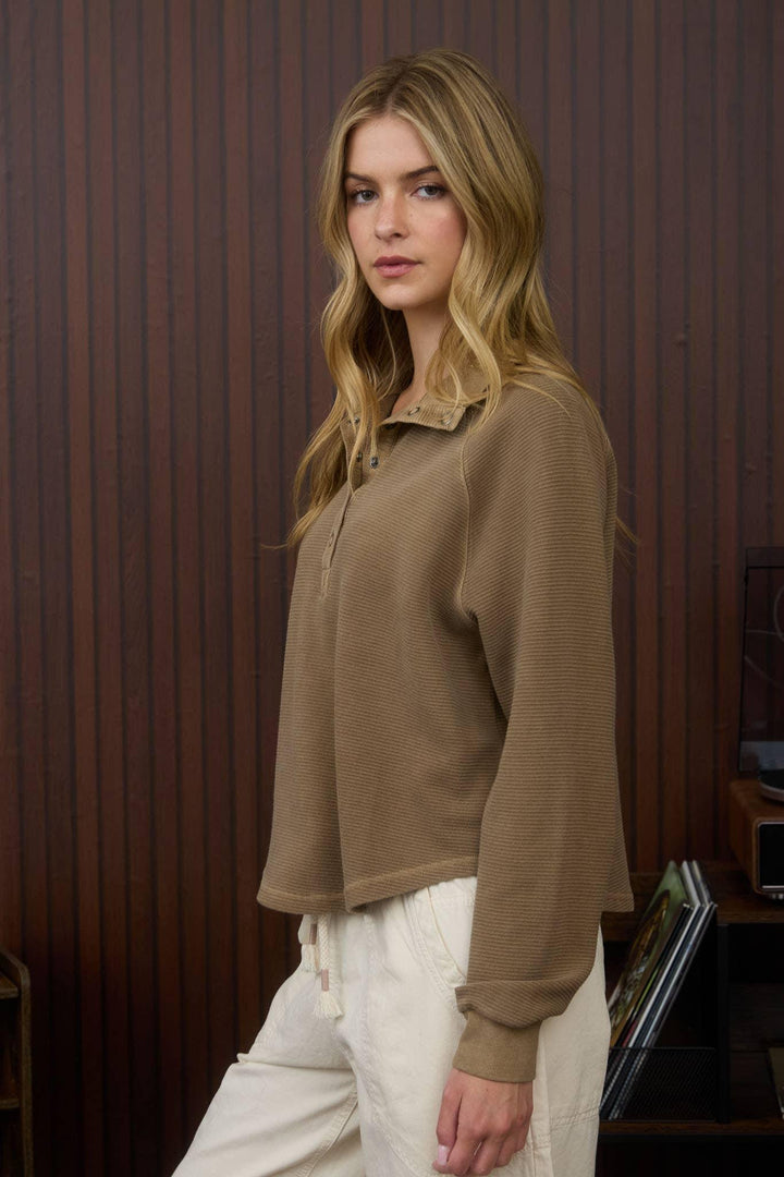 Women's Long Sleeve - MOCK NECK HALF SNAP BUTTON LONG SLEEVE KNIT OP - - Cultured Cloths Apparel