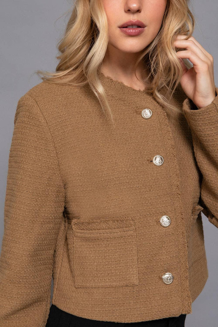 Outerwear - Long Sleeve Crew Neck Button Down Tweed Jacket - - Cultured Cloths Apparel