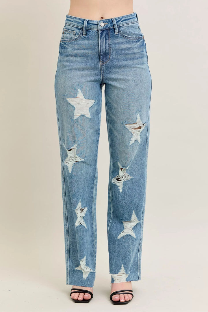 Denim - Judy Blue Full Size High Waist Rigid Magic Star Shaped Destroy 90's Straight Jeans Plus Size - MD - Cultured Cloths Apparel