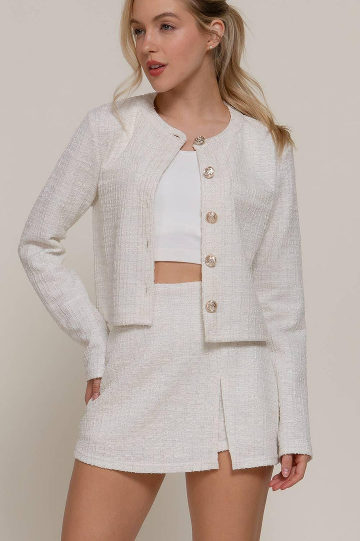 Women's Skirts - Stretch Tweed Mini Skirt - WHITE - Cultured Cloths Apparel