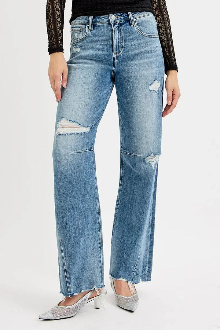 Denim - RISEN Full Size Mid Rise Fit Wide Baggy Leg Tie Washed Jeans - MEDIUM - Cultured Cloths Apparel