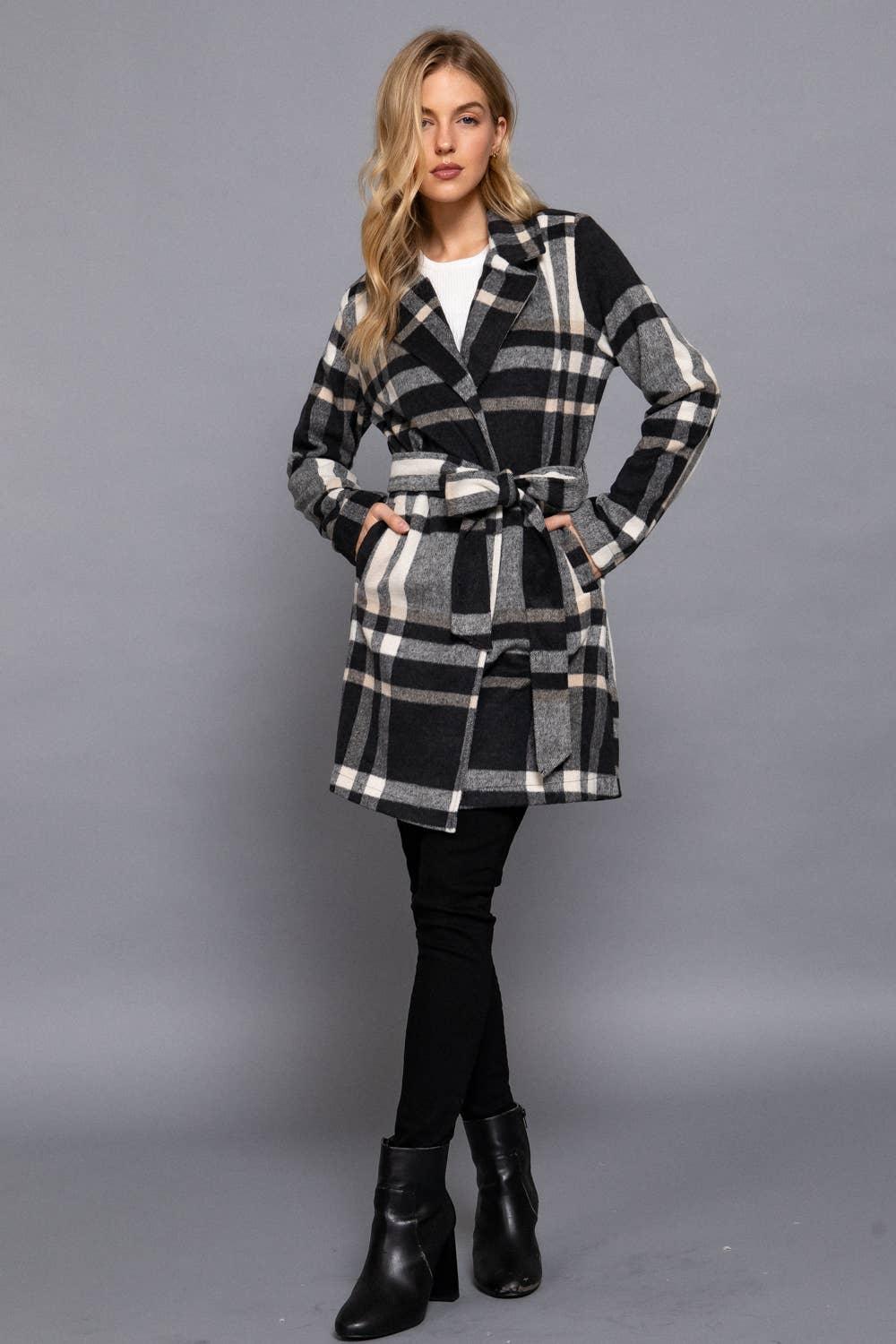 Outerwear - Long Sleeve Notched Collar with Waist Belt Plaid Jacket - - Cultured Cloths Apparel