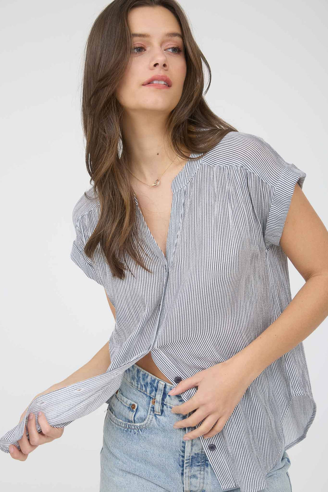 PINSTRIPE SHORT CUFF SLEEVE BUTTON DOWN SHIRT