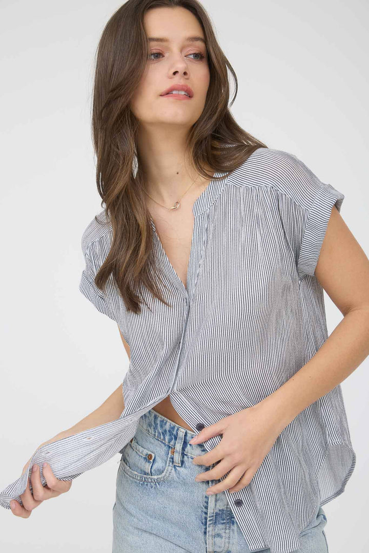 PINSTRIPE SHORT CUFF SLEEVE BUTTON DOWN SHIRT