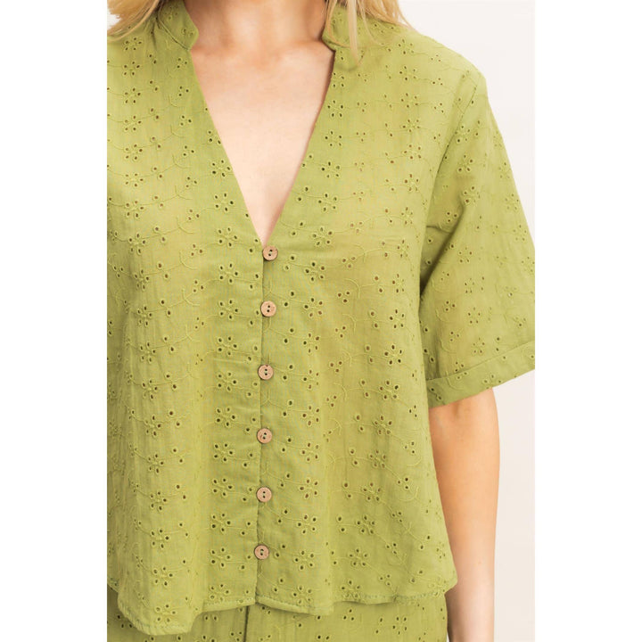 Olive Floral Eyelet Mandarin Collar Top