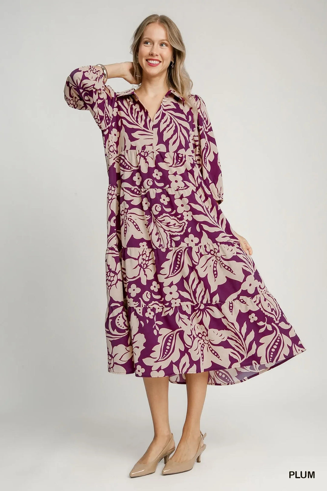 Umgee Floral Print Tiered Midi Dress PLUM / S Umgee Floral Print Tiered Midi Dress PLUM / S